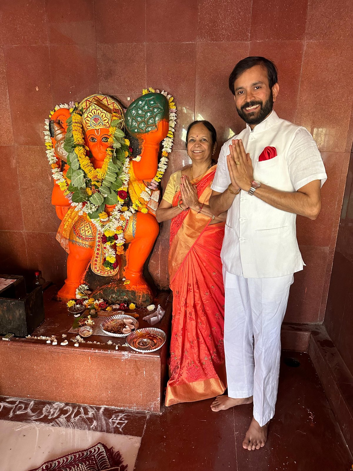 Piyush with mother Sarala at Ramshej Hanuman temple